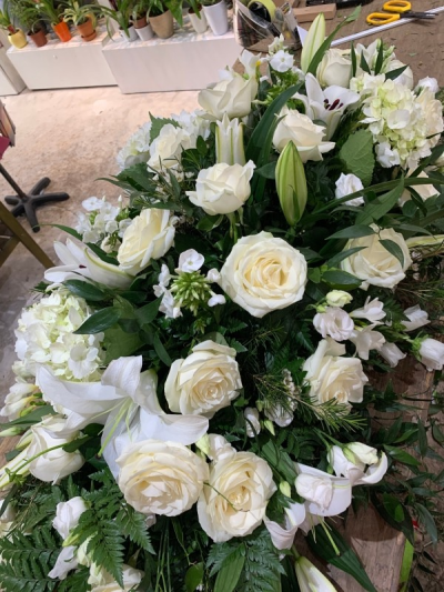 White and Green Casket tribute - Stunning whites and greens casket tribute with fresh white blooms such as white lilies, roses, hydrangeas, phlox and more

3ft- 170.00
4ft- 260.00
5ft- 330.00