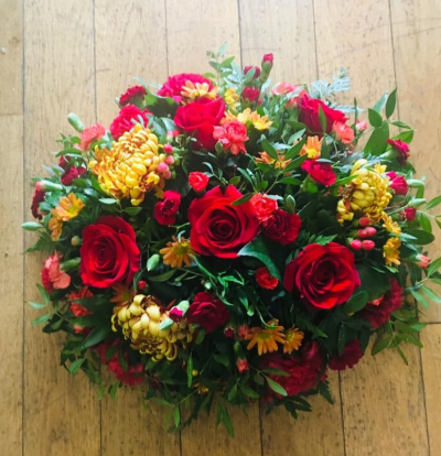 Autumnal grave posie - Autumnal grave posie with gorgeous autumn blooms such as chrysants, red roses, carnations and more.