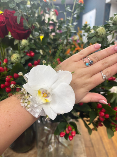 Orchid corsage - Please leave in the notes if you would like anything tweaked such as ribbon colour or silver/gold sparkles :)