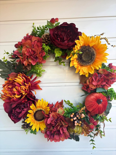 Autumn Wreath - Beautiful faux autumn wreath made with top quality faux flowers perfect to hang up on your door year after year.
